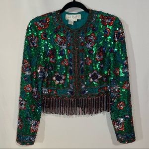 A.J. Bari Beautiful Vintage Beaded Crop Fringe Jacket Top